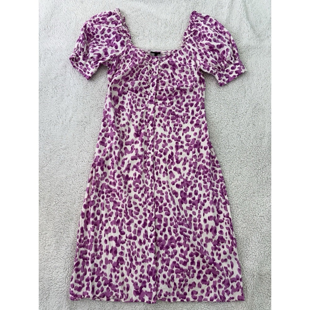 Who What Wear Women's Purple Animal Print Dress M Puff Sleeve Cottagecore
